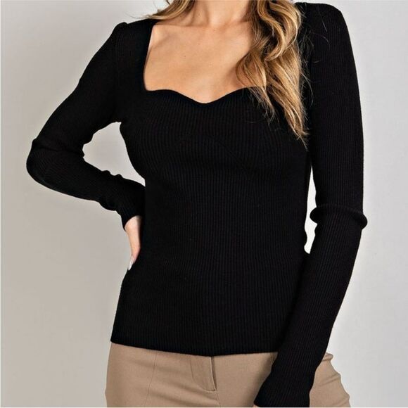 EESOME | NEW Sweetheart Ribbed Knit Black Long Sleeve Top Women’s Size Large - Picture 4 of 11